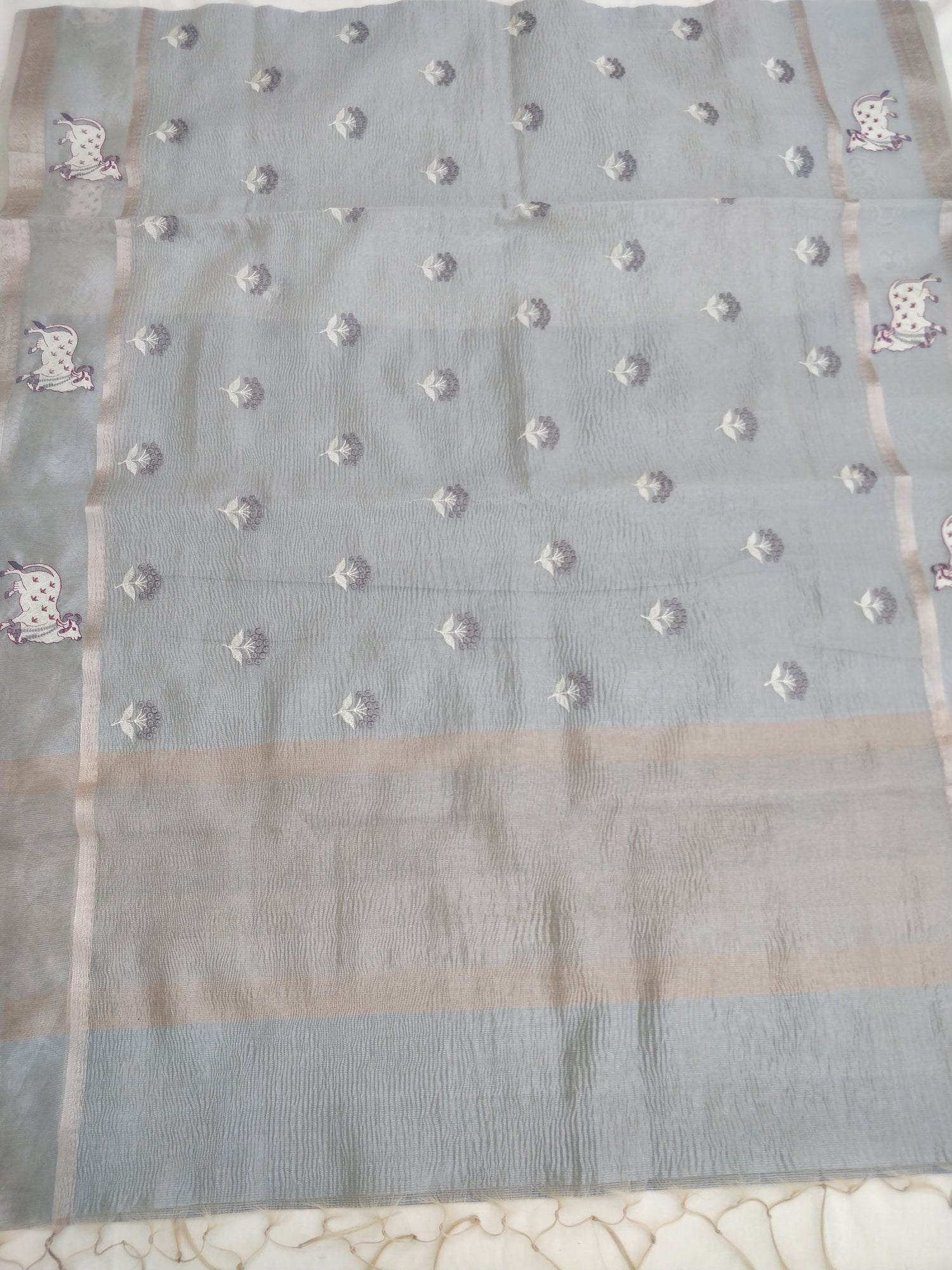 Gray Tissue Silk Pichwai Saree With Embroidery