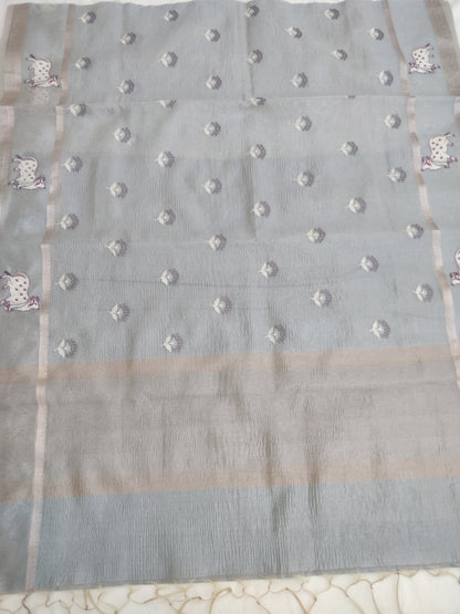 Gray Tissue Silk Pichwai Saree With Embroidery