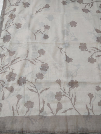 Ivory Kota Silk Digital Print With Embroidery Banarasi Saree