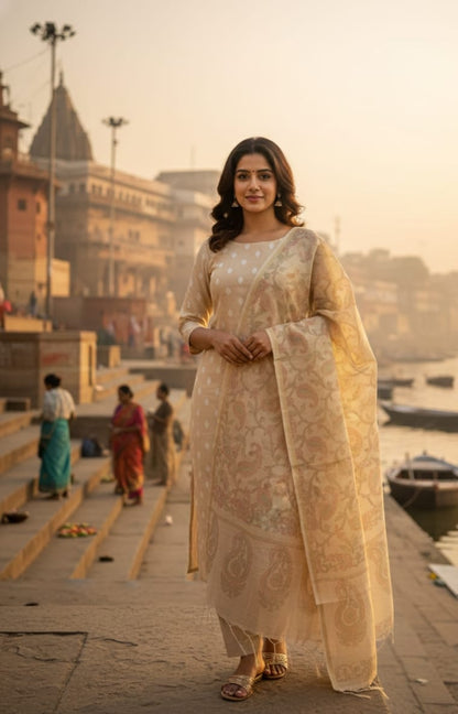 Beige Chanderi Silk Dopion Buti with Printed Dupatta Suit Fabric