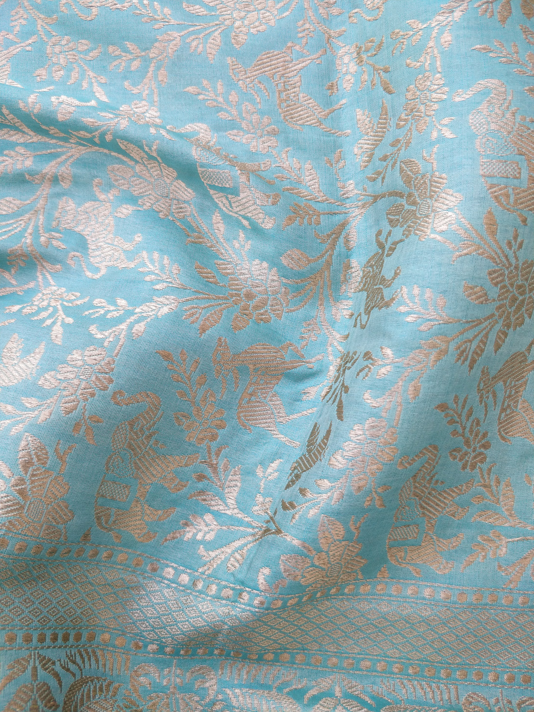 Light Blue Handwoven Shikargah Pure Silk Banarasi Dupatta