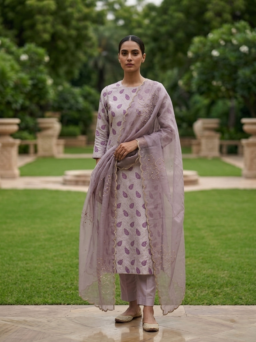 Beige Handwoven Pure Kataan Silk Banarasi Suit Set