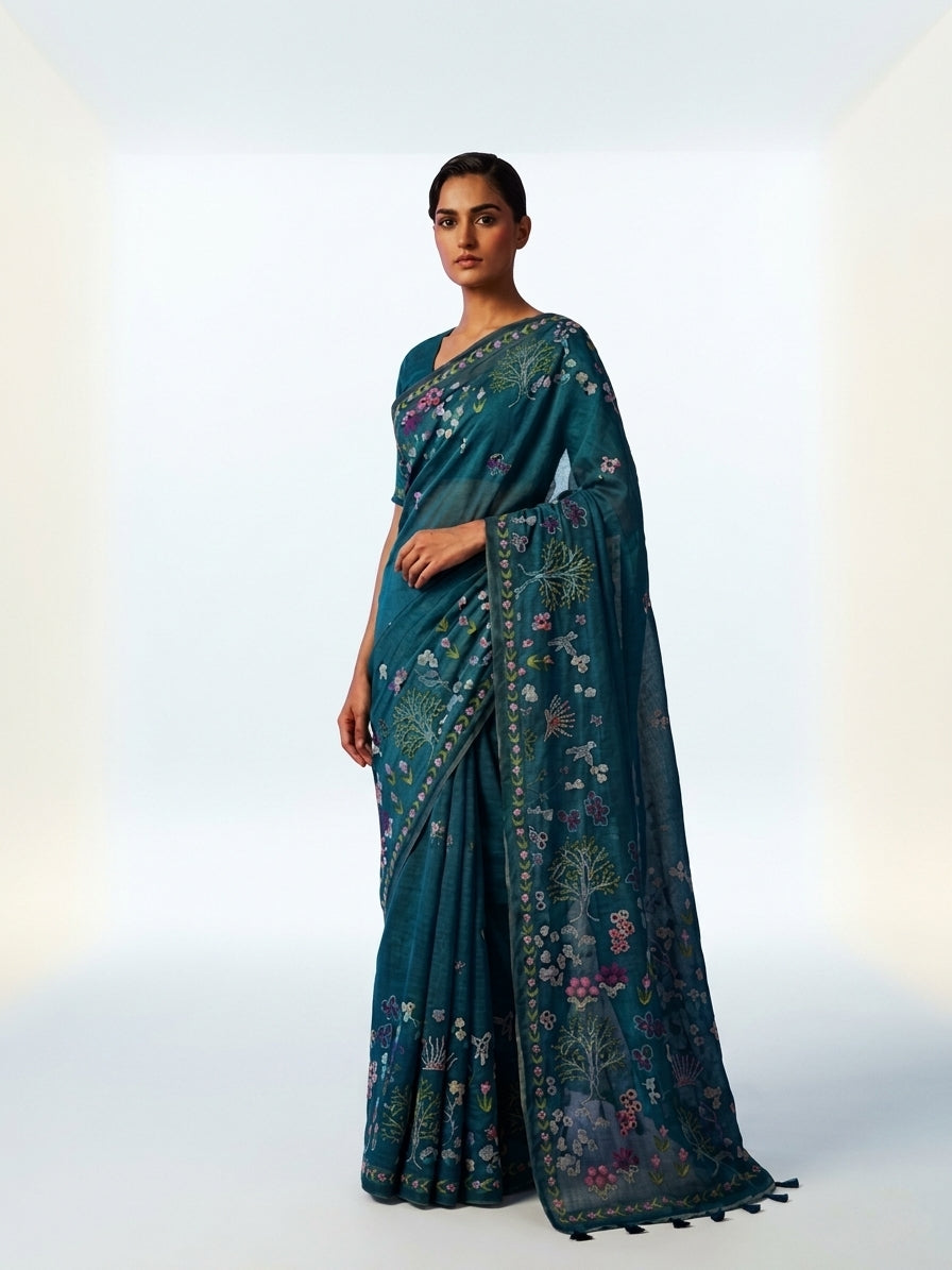 Rama Green Mul Chanderi Silk Digital Print With Embroidery Saree
