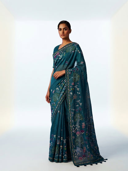 Rama Green Mul Chanderi Silk Digital Print With Embroidery Saree