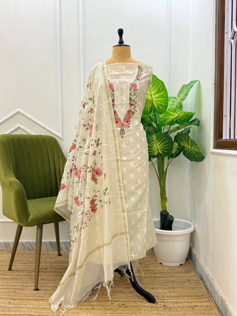 White Embroidered Red Threadwork Jacquard Suit Fabric with Kota Dupatta