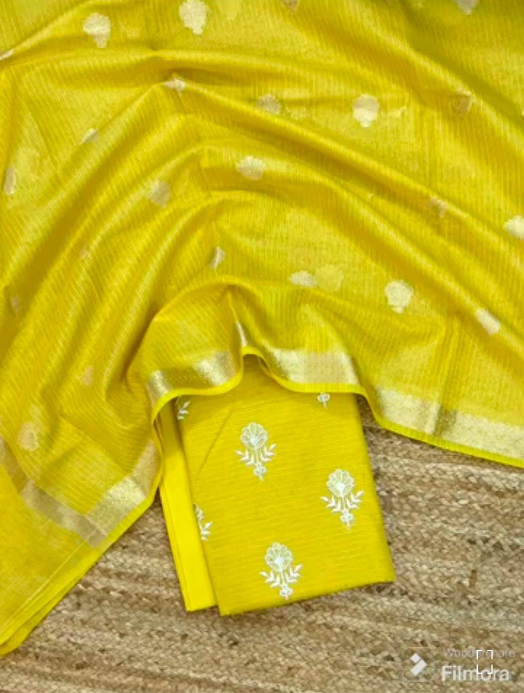 Yellow Kota Silk Embroidered Suit Fabric
