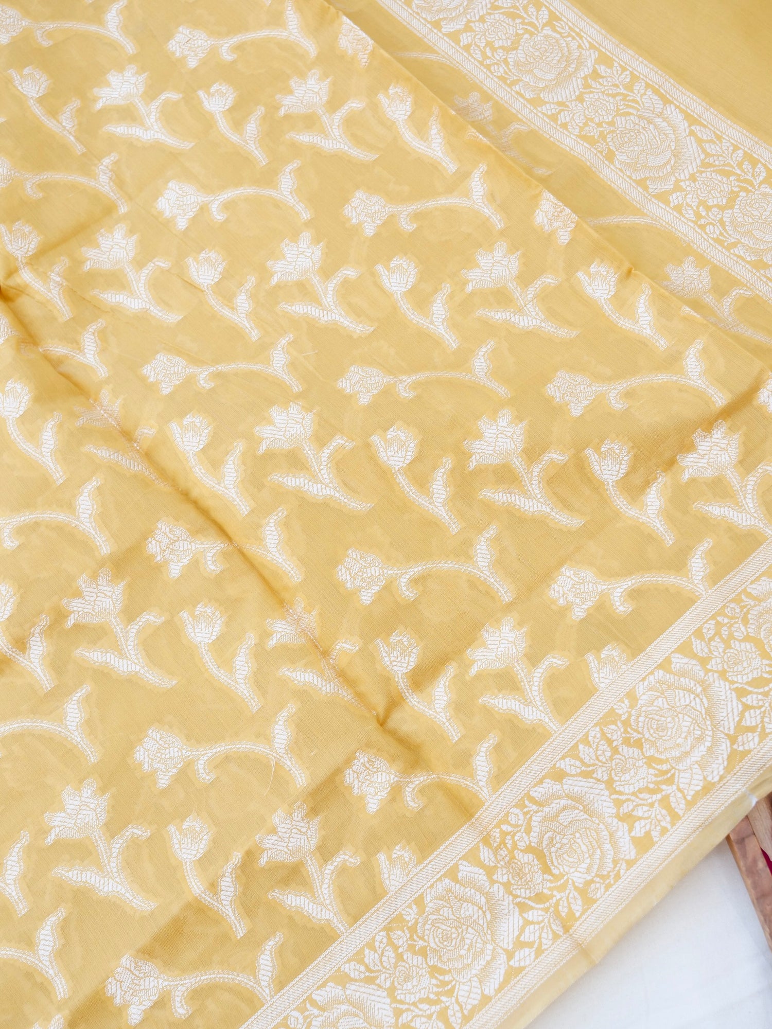 Yellow Banarasi Cotton Unstitched Suit Set