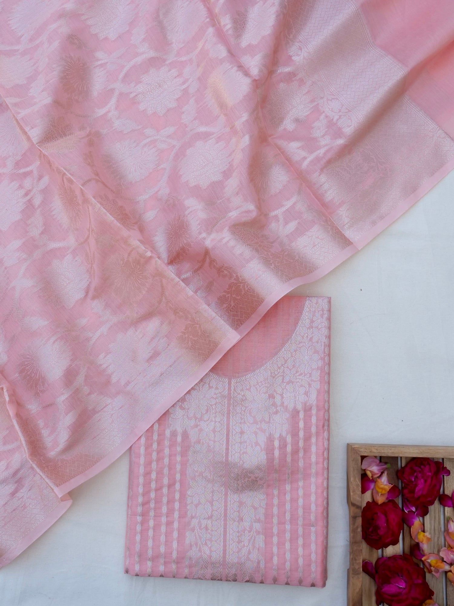 Pink Banarasi Cotton Unstitched Suit Set