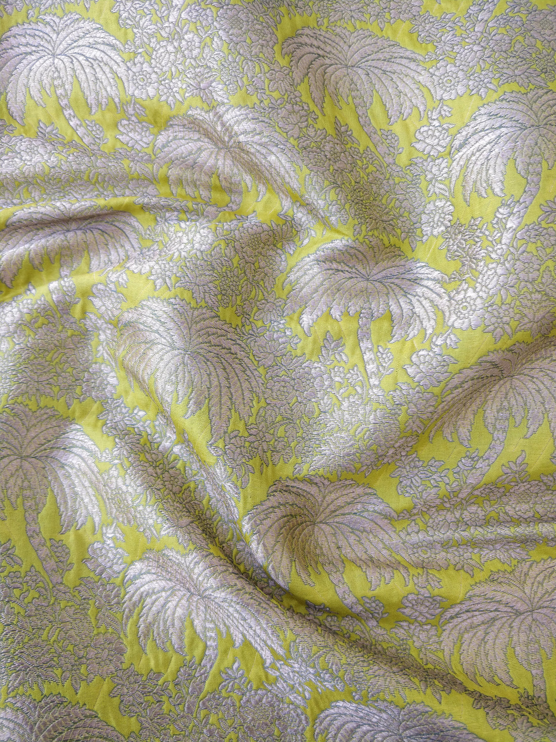 Lemon Yellow Pure Kataan Silk Brocade Jaal Fabric