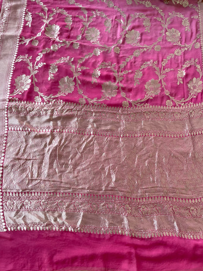 Pink Handwoven Pure Georgette Silk Jangla Banarasi Saree