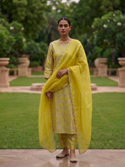 Lemon Yellow Handwoven Pure Kataan Silk Banarasi suit set