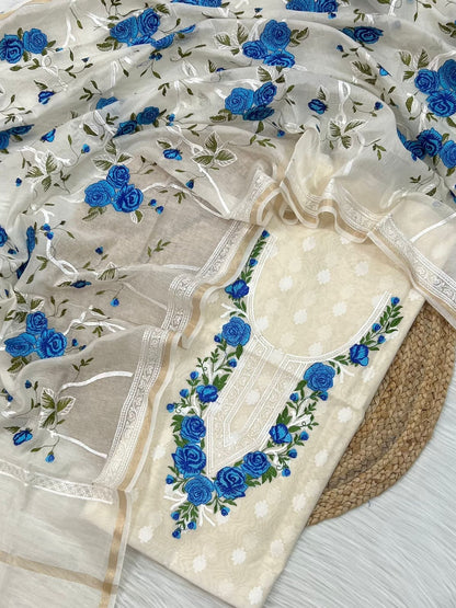 White Embroidered Blue Threadwork Jacquard Suit Fabric with Kota Dupatta
