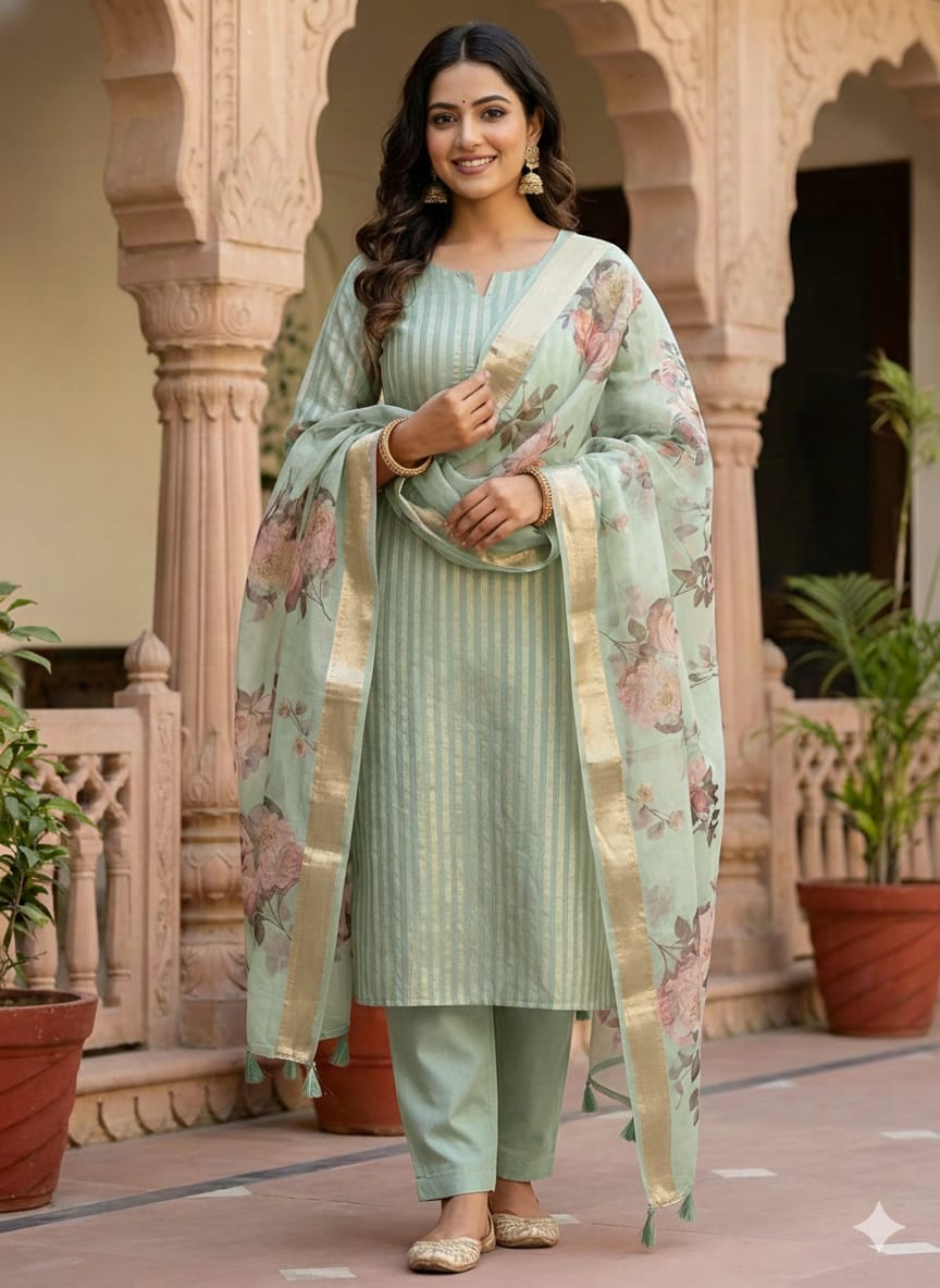 Green Striped Zari Chanderi Cotton Banarasi Suit Fabric
