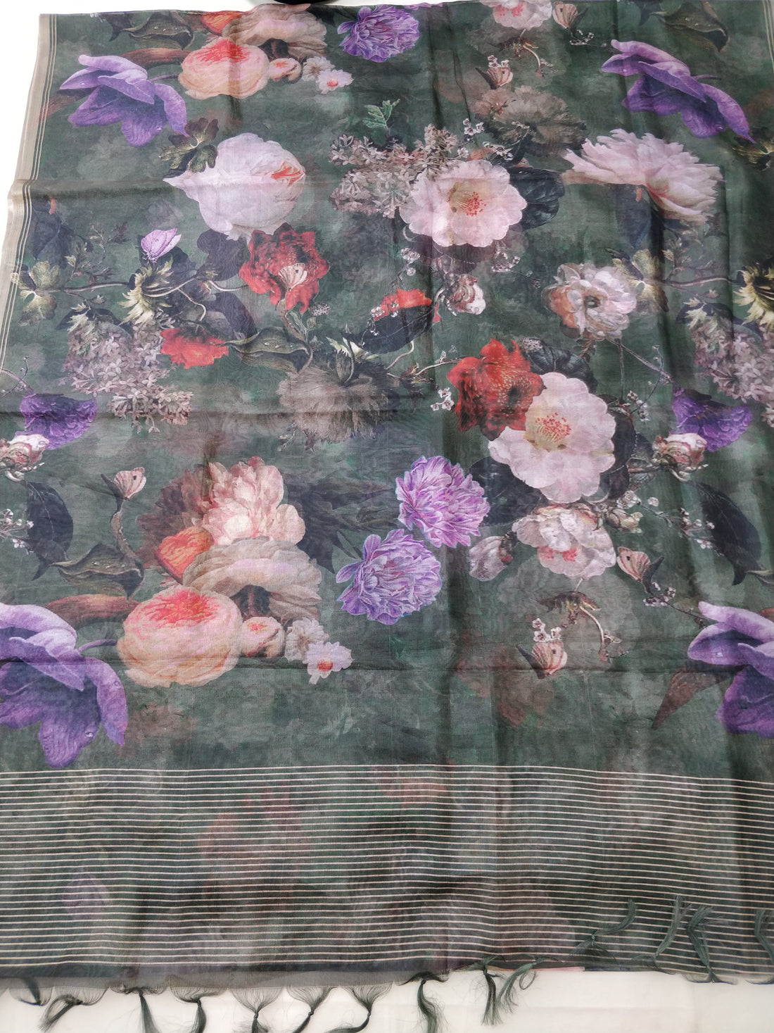 Green Organza Silk Floral Print Banarasi Saree