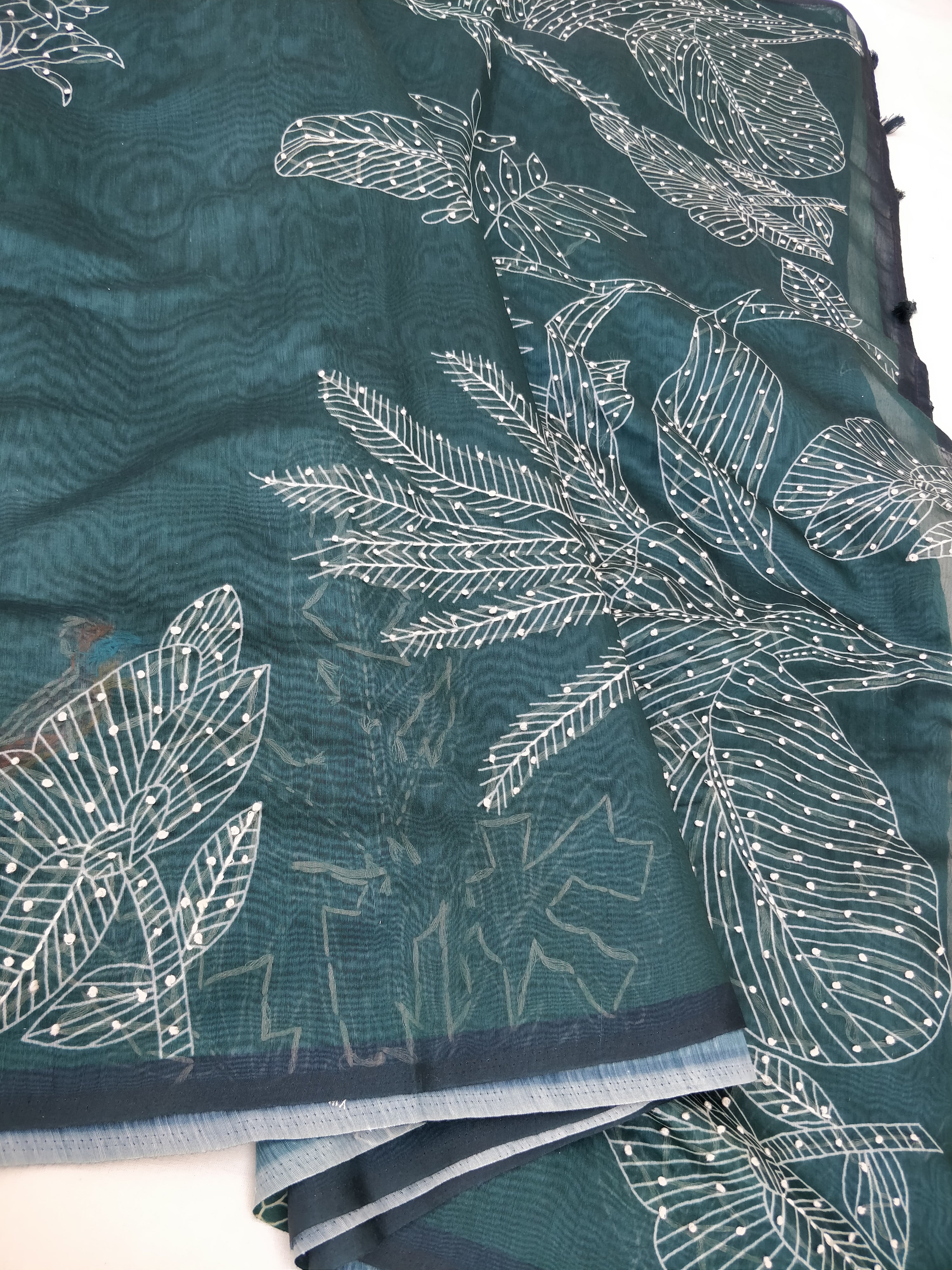 Green Mul Chanderi Silk Digital Print With Hand Embroidery Saree