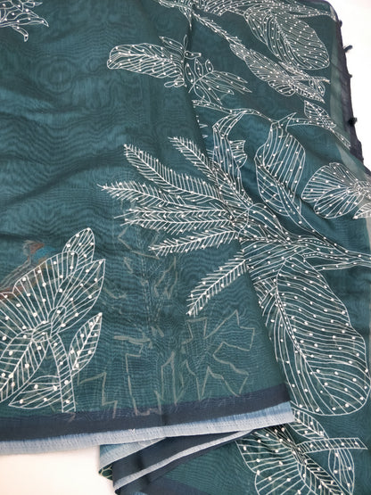 Green Mul Chanderi Silk Digital Print With Hand Embroidery Saree