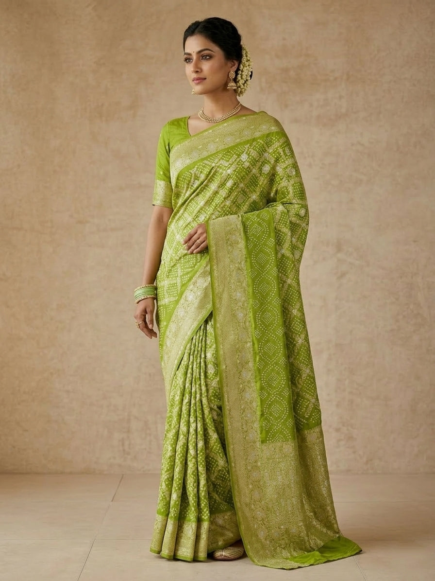Green Bandhani Georgette Silk Banarasi Saree