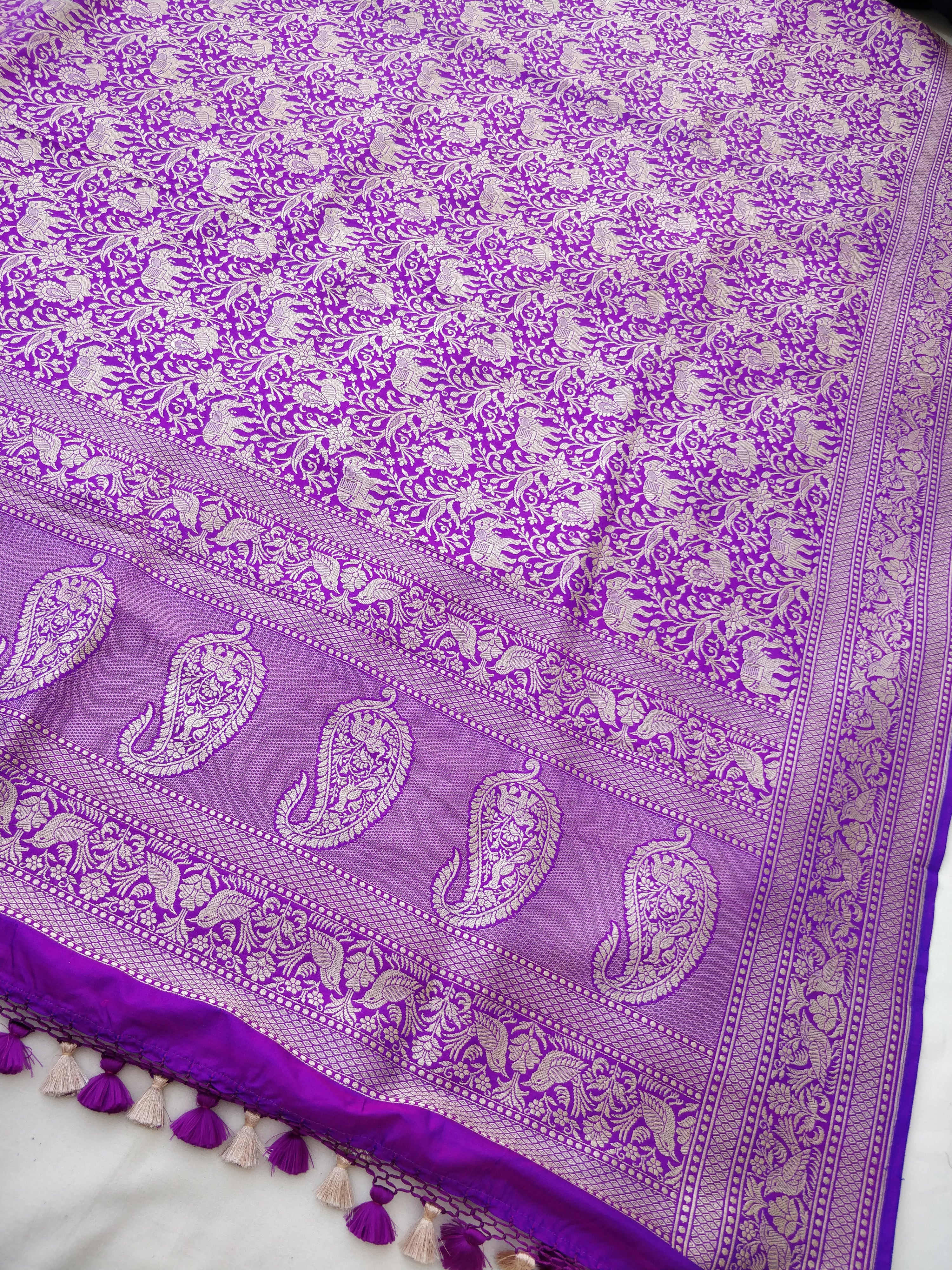 Purple Handwoven Shikargah Pure Kataan Silk Banarasi Dupatta