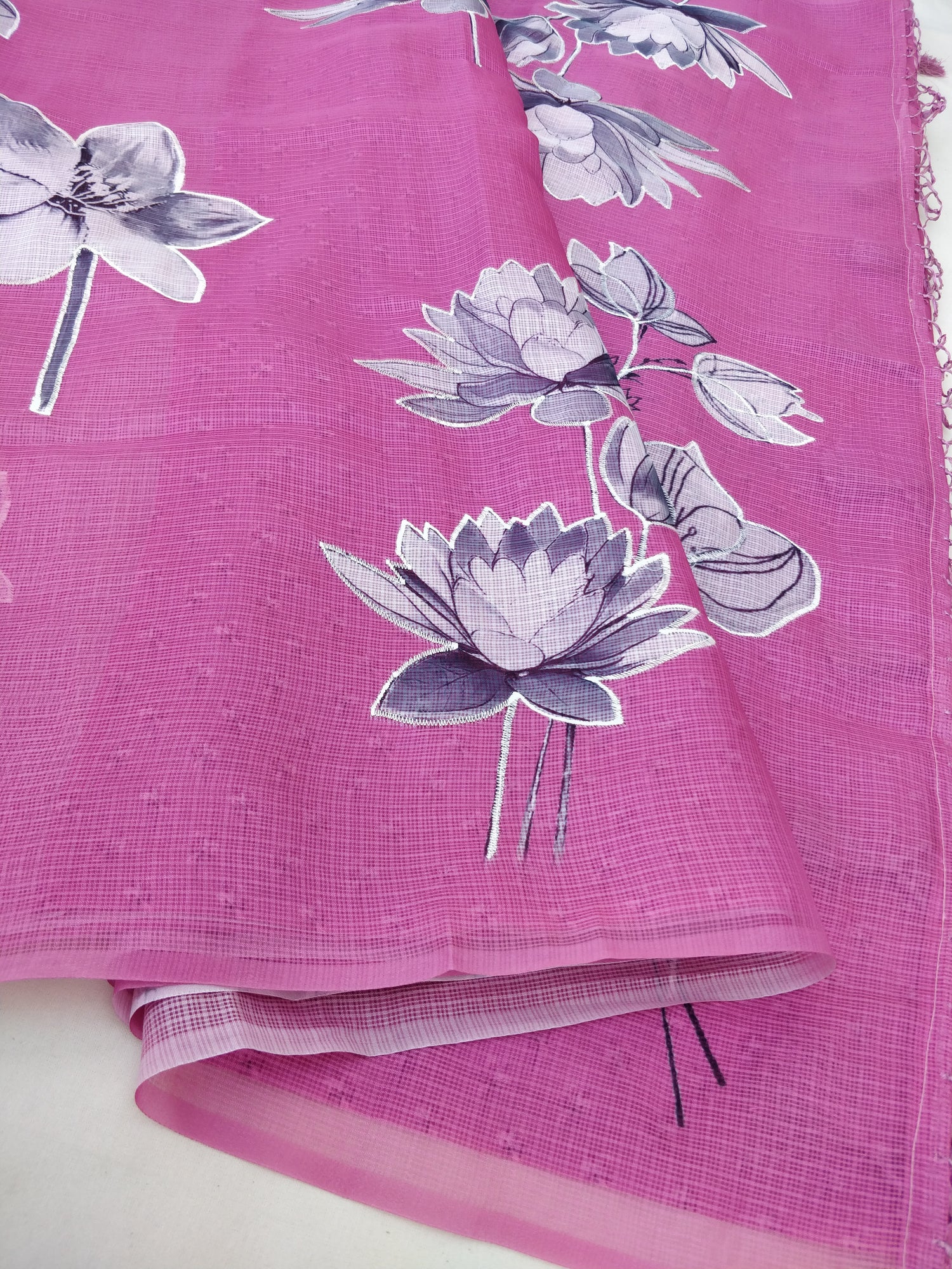 Pink Kota Floral Print With Embroidery Saree