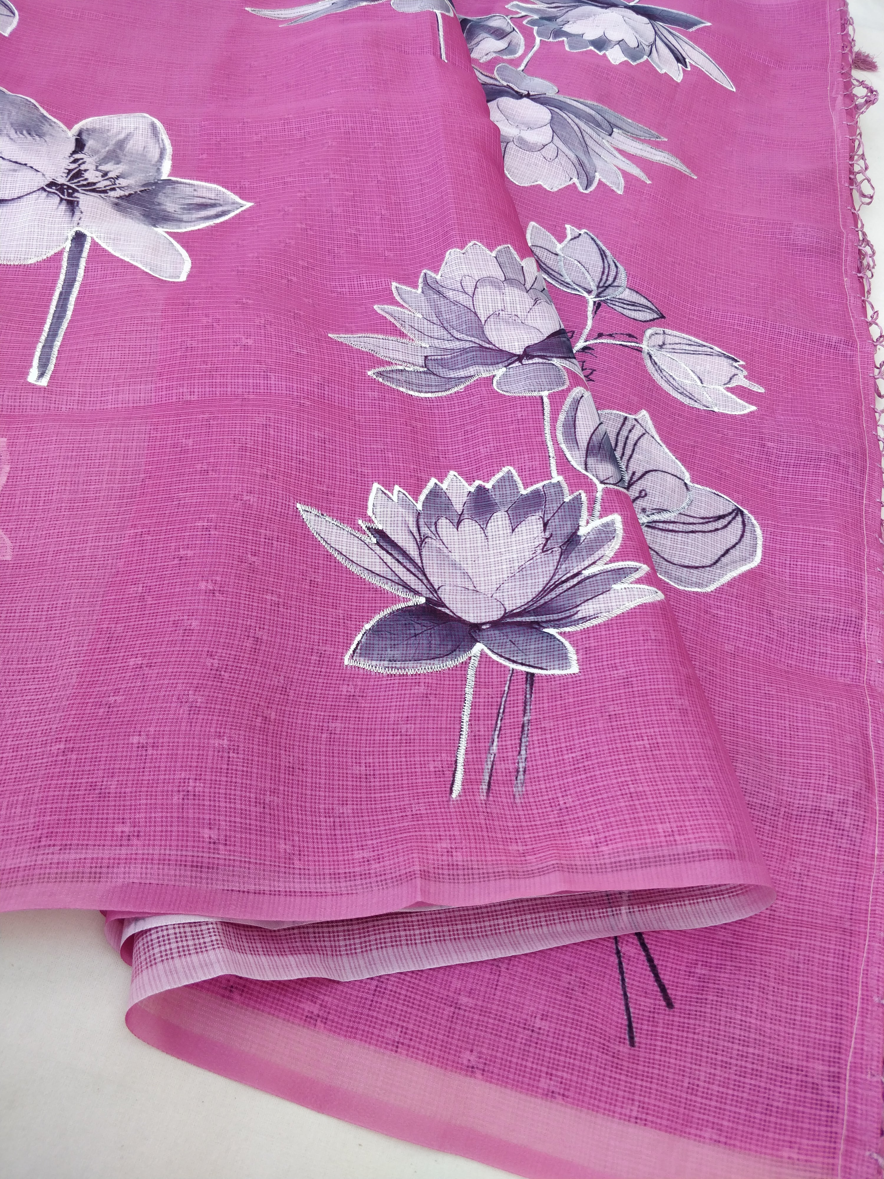 Pink Kota Floral Print With Embroidery Saree