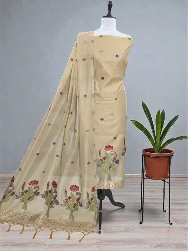 Beige Cotton Zamadani Banarasi Suit Fabric