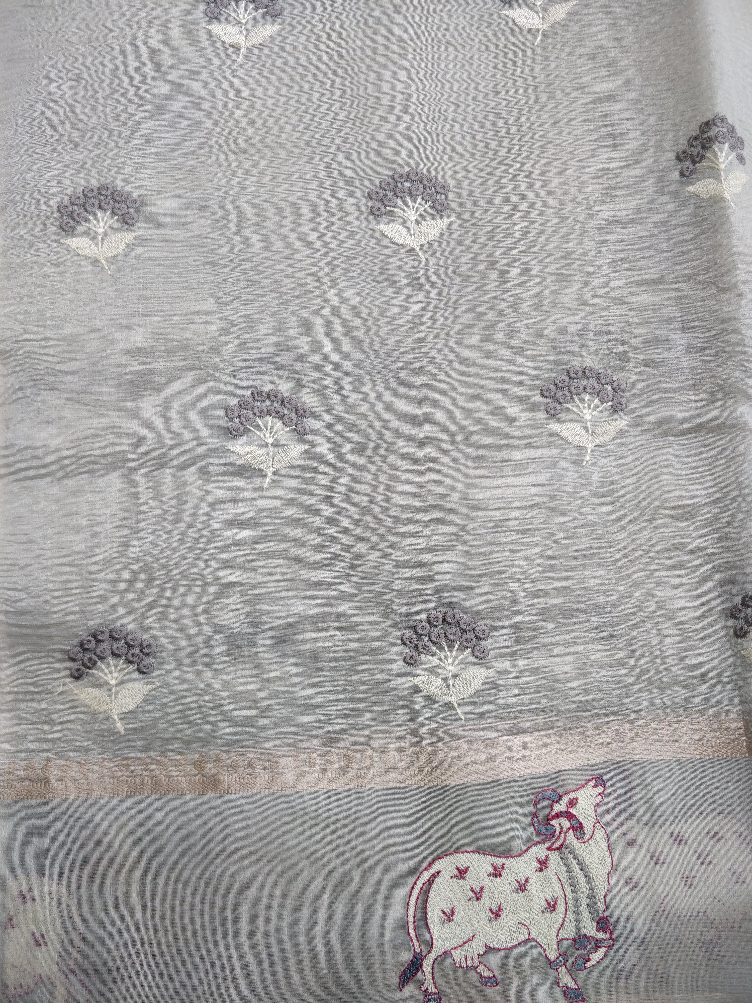 Gray Tissue Silk Pichwai Saree With Embroidery