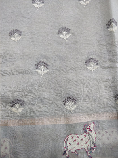 Gray Tissue Silk Pichwai Saree With Embroidery