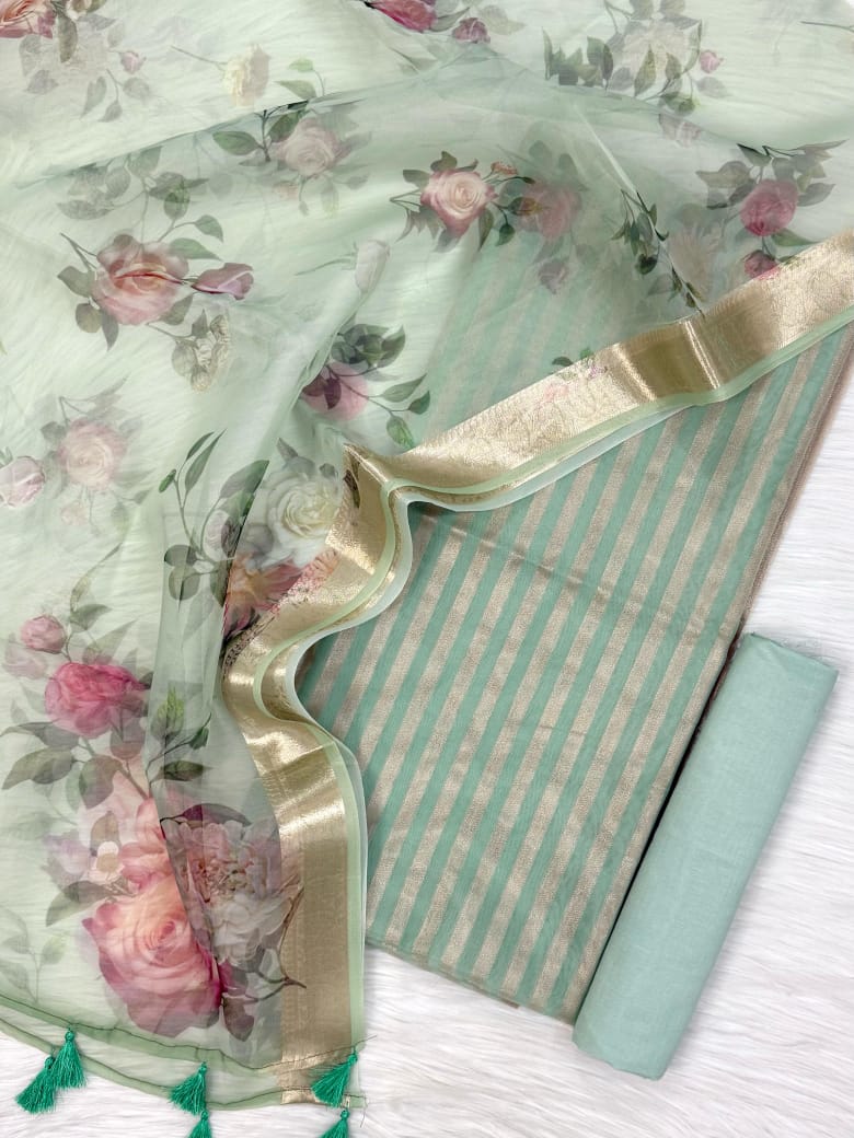 Green Striped Zari Chanderi Cotton Banarasi Suit Fabric