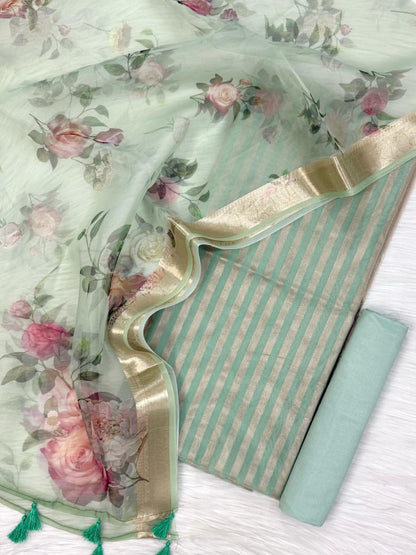 Green Striped Zari Chanderi Cotton Banarasi Suit Fabric