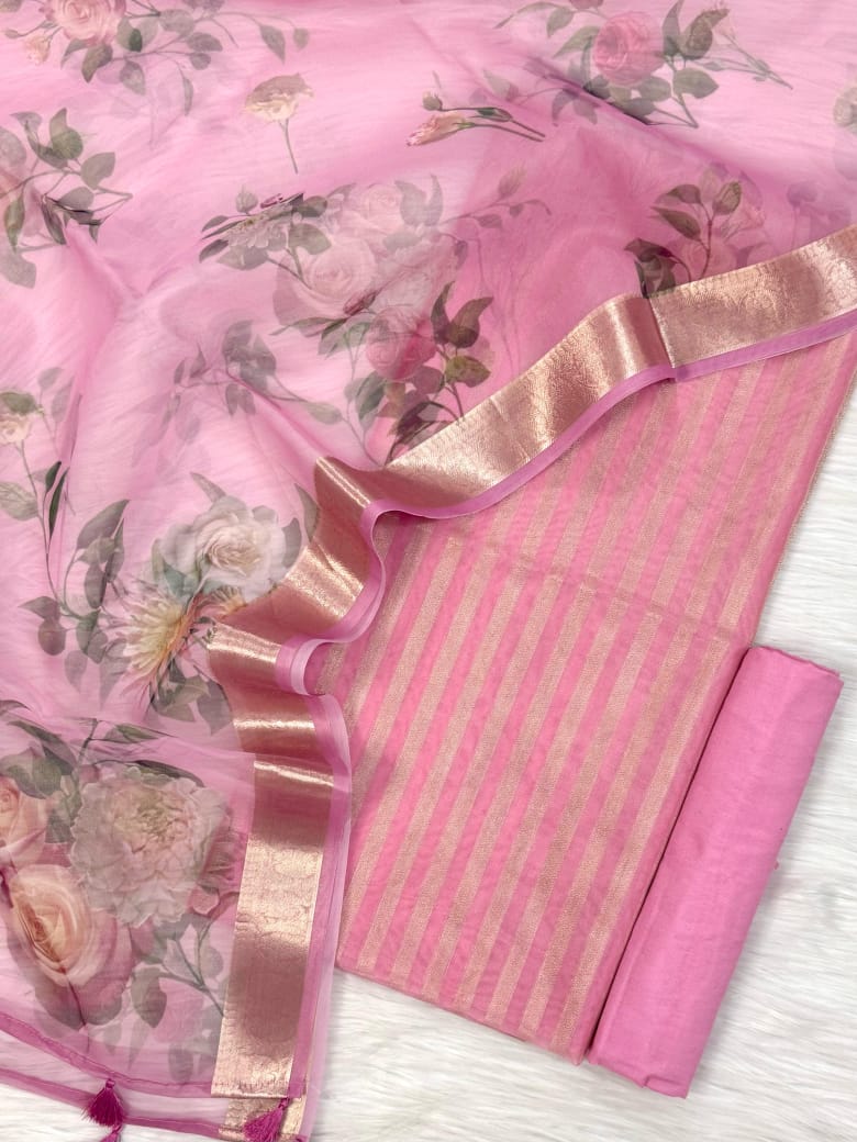 Pink Striped Zari Chanderi Cotton Banarasi Suit Fabric