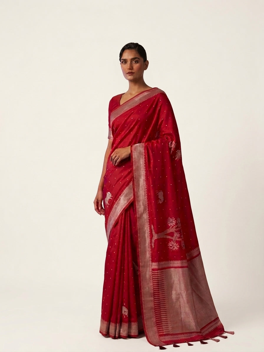 Red Semi Kataan Buti Pichwai Banarasi Saree