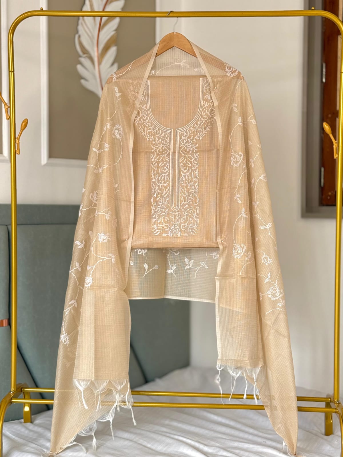 Beige Kota Silk Embroidered Unstitched Suit Fabric