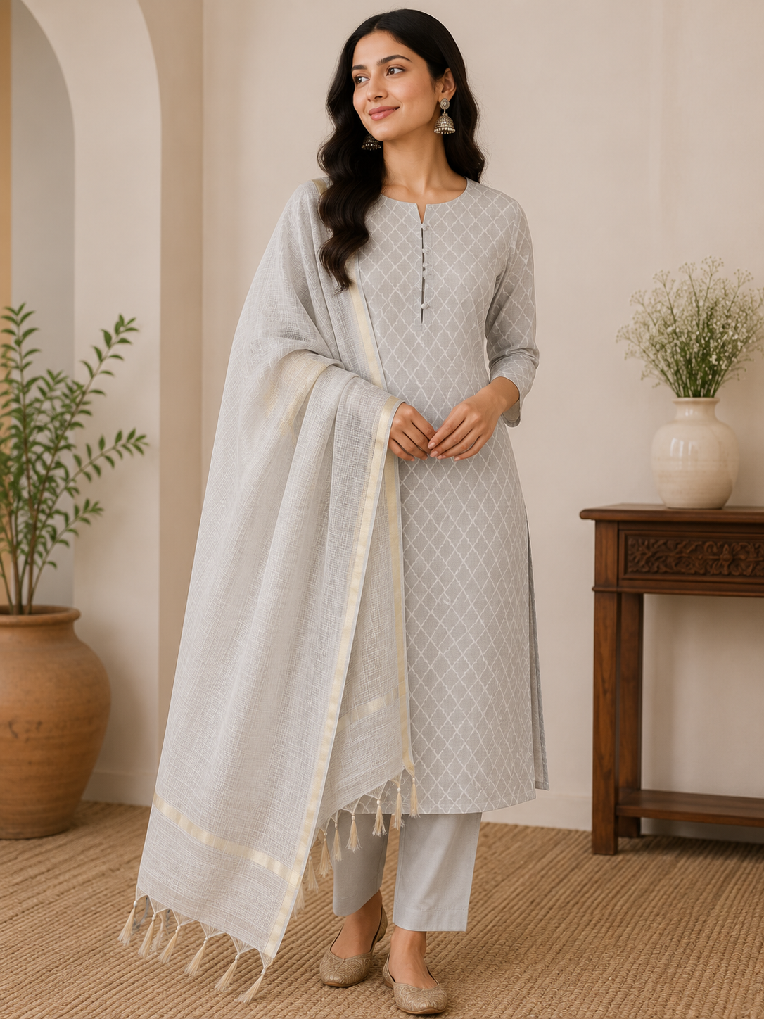 Gray Banarasi Cotton Suit Set