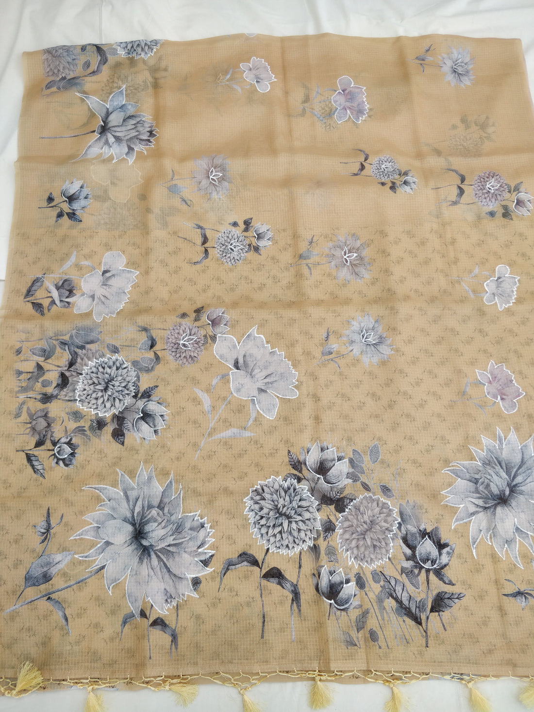 Yellow Kota Floral Print With Embroidery Saree