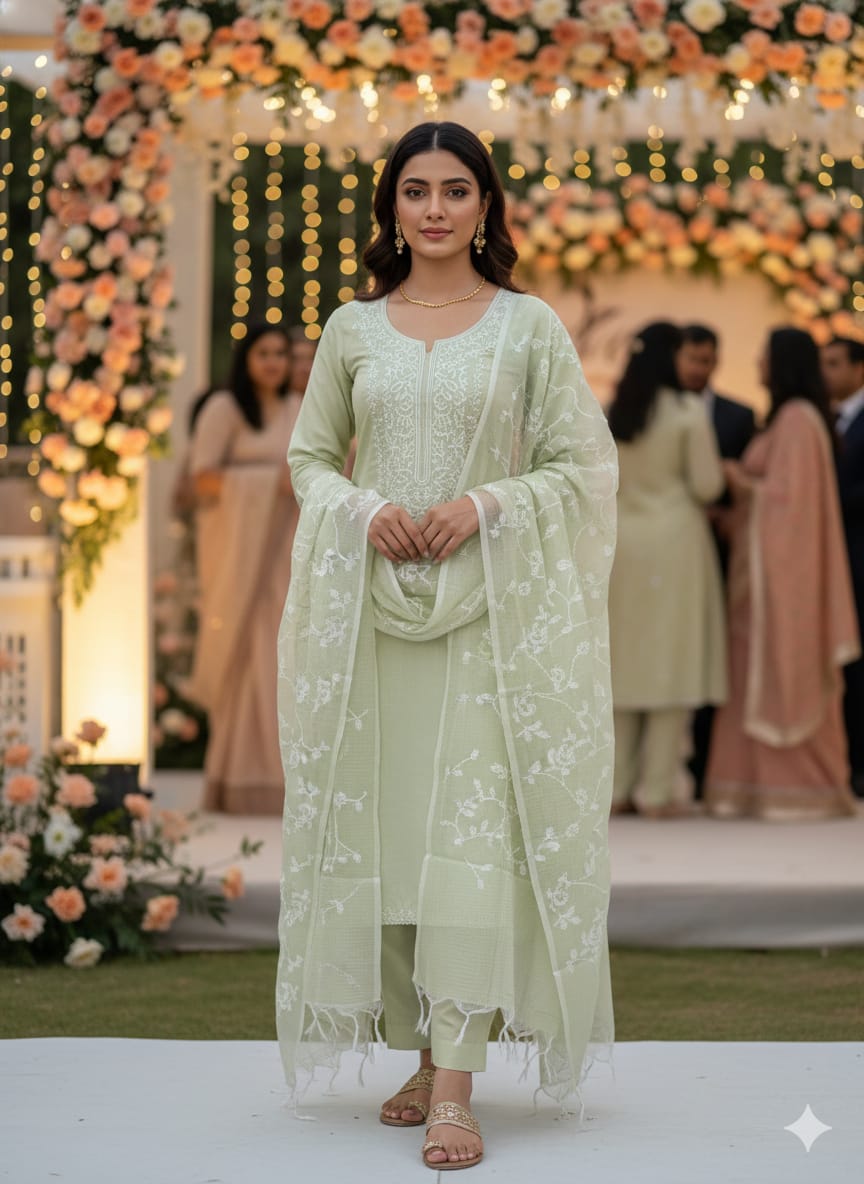 Pista Green Kota Silk Embroidered Unstitched Suit Fabric