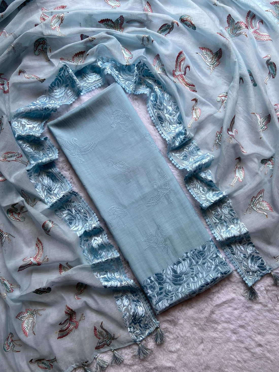 Light Blue Mul Cotton Embroidery Suit Fabric
