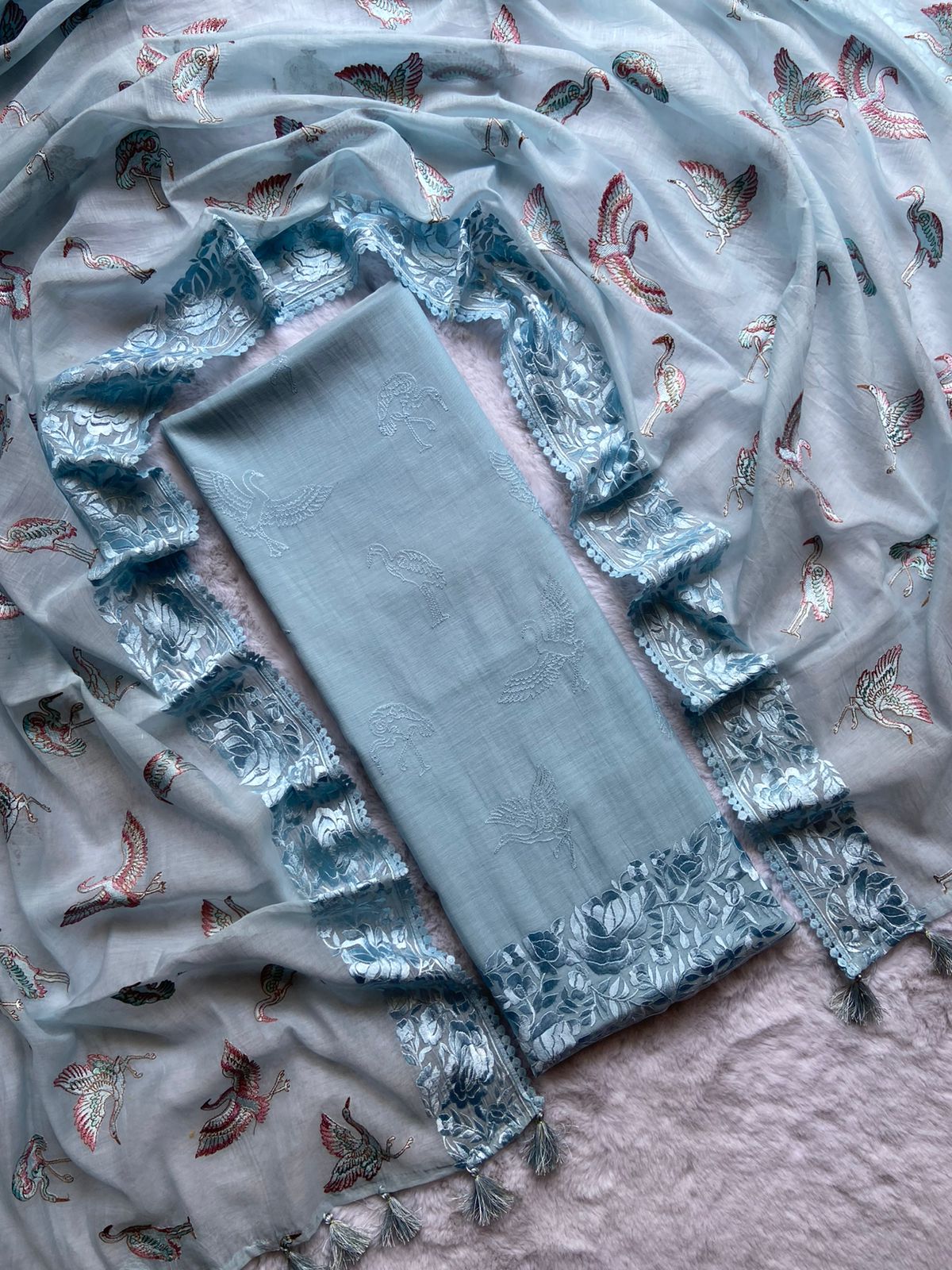 Light Blue Mul Cotton Embroidery Suit Fabric