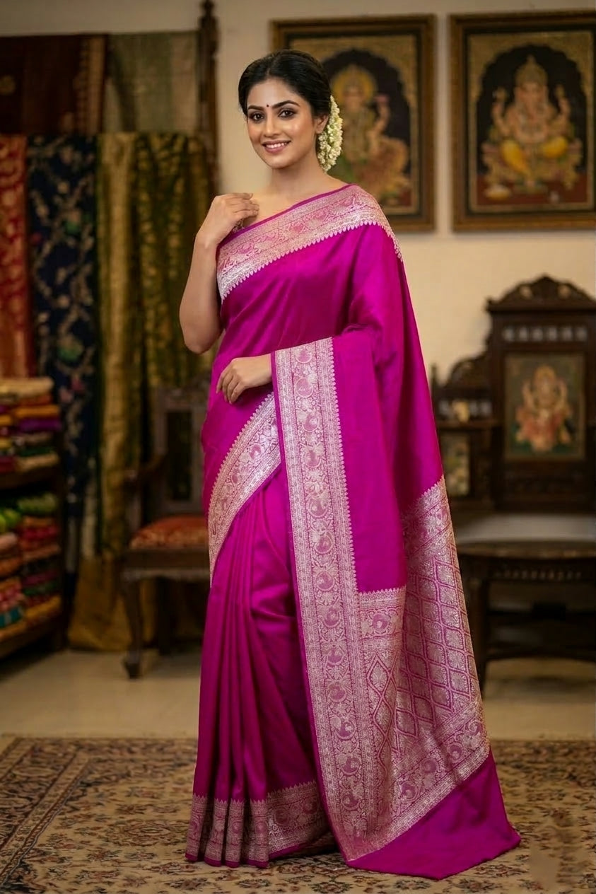 Purple Plain Silk Saree with Border and Pallu
