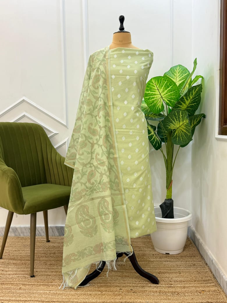 Green Chanderi Silk Dopion Buti with Printed Dupatta Suit Fabric