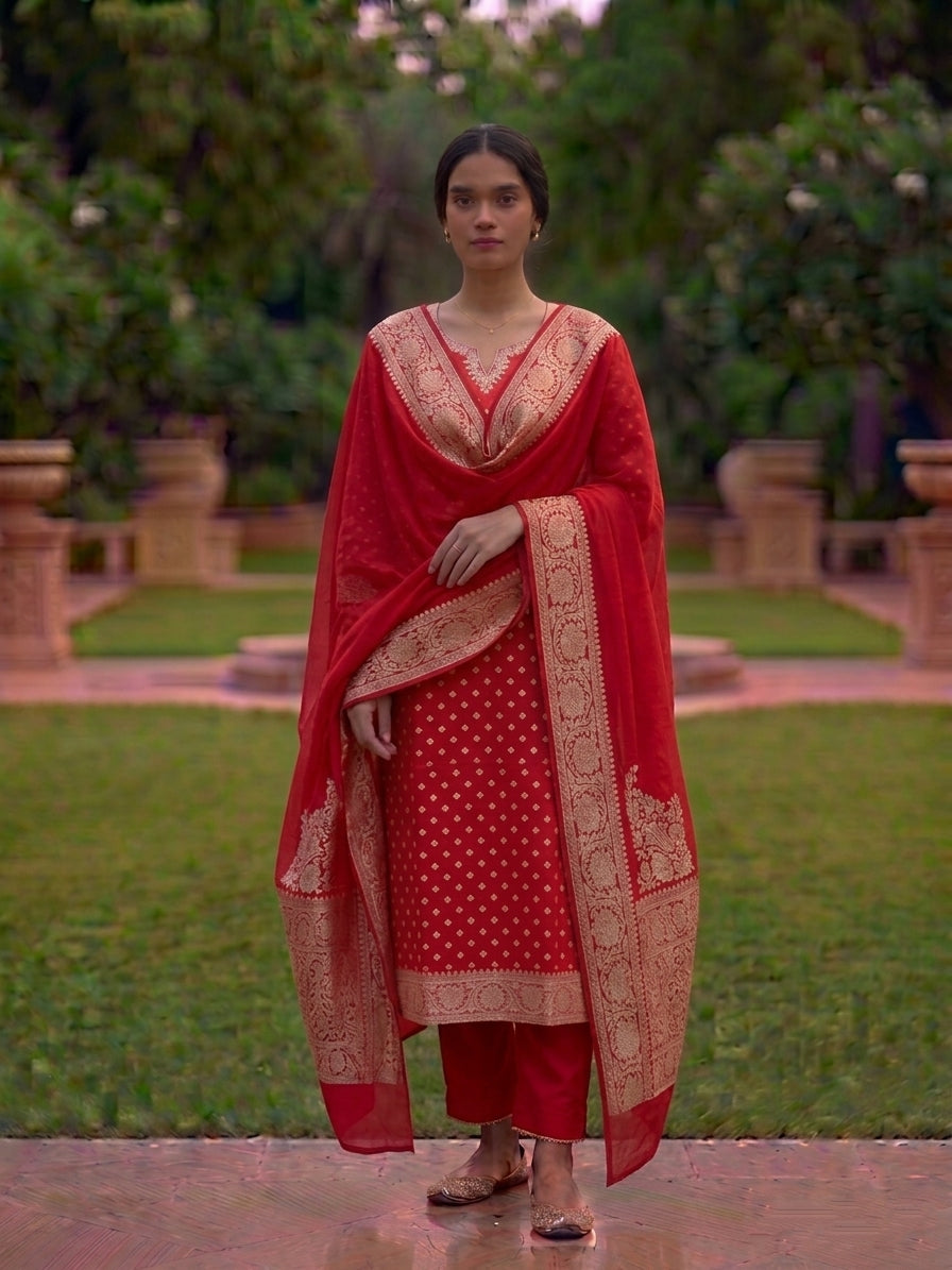 Red Munga Silk Unstitched Banarasi Suit Fabric