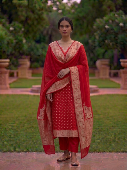 Red Munga Silk Unstitched Banarasi Suit Fabric
