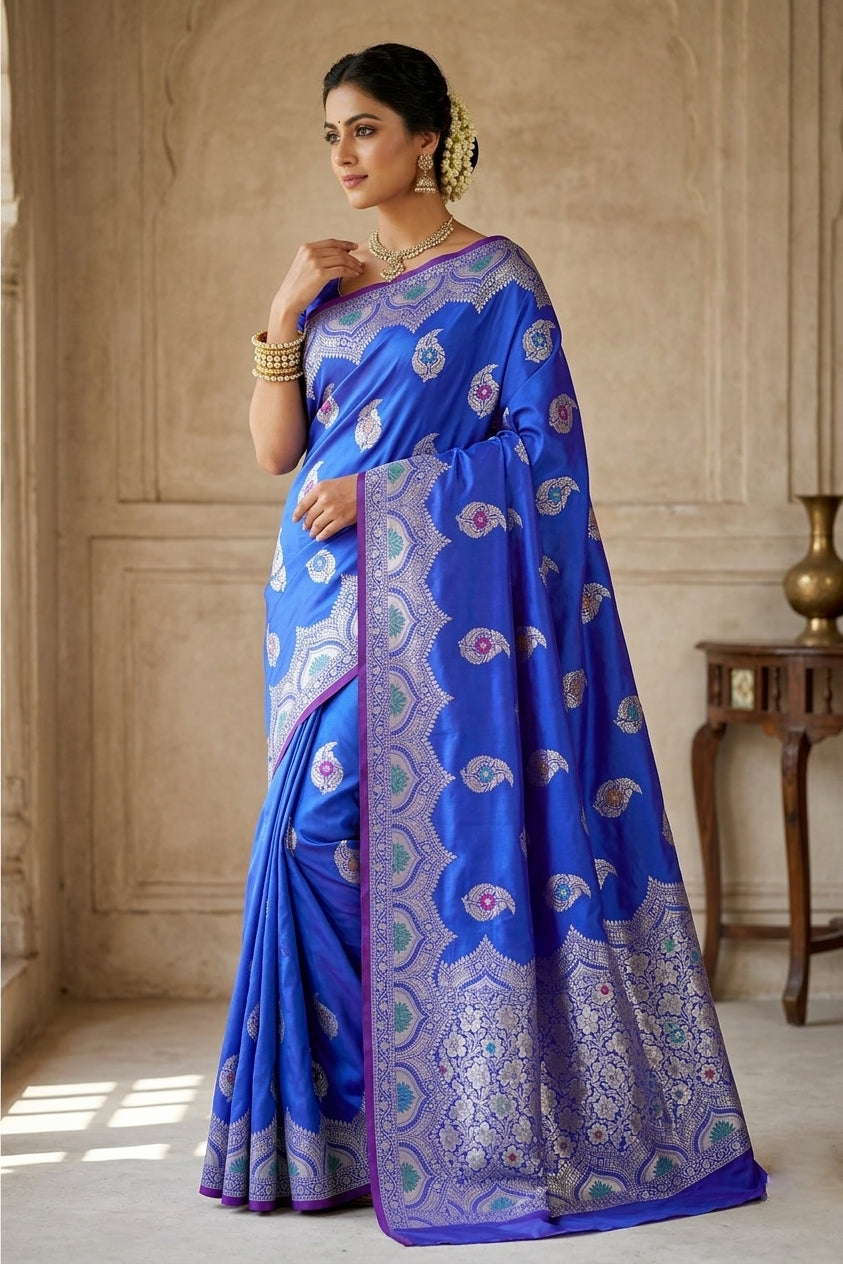 Lapis Blue Butidar Banarasi Saree with Meenakari