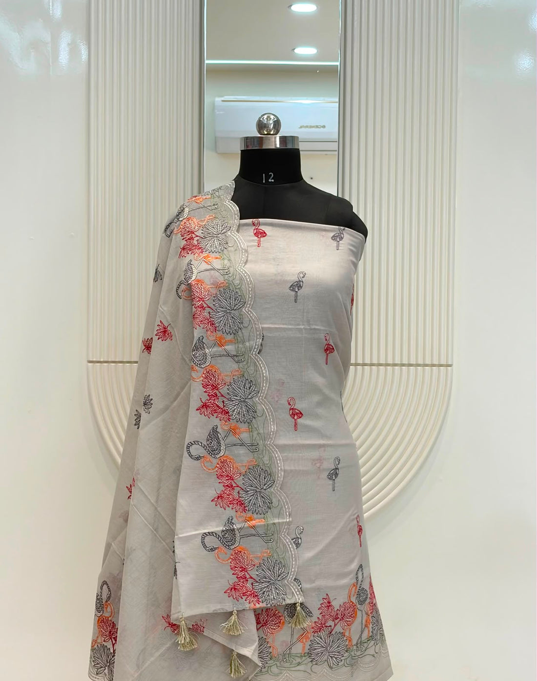 Gray Mul Cotton Embroidery Suit Set