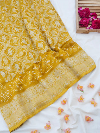 Yellow Bandhani Georgette Silk Banarasi Saree
