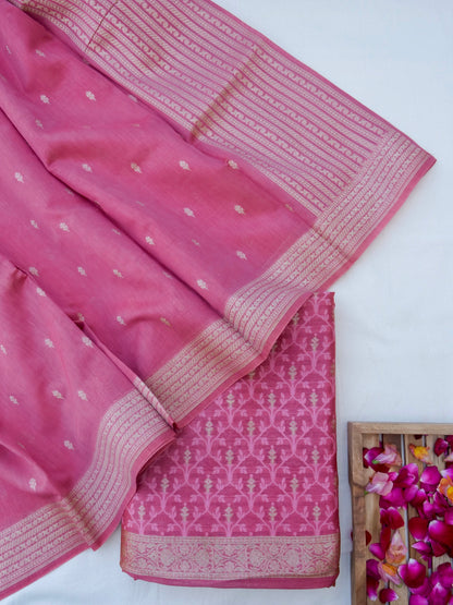 Pink Cotton Unstitched Banarsi Suit Set