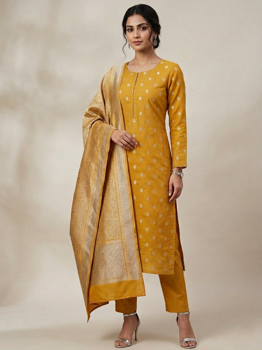 Mustard Yellow Cotton Silk Banarasi Unstitched Suit Set