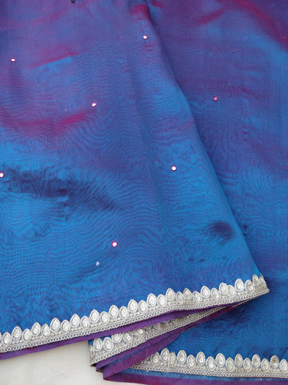 Peacock Blue Tissue Silk Saree with Lace Border
