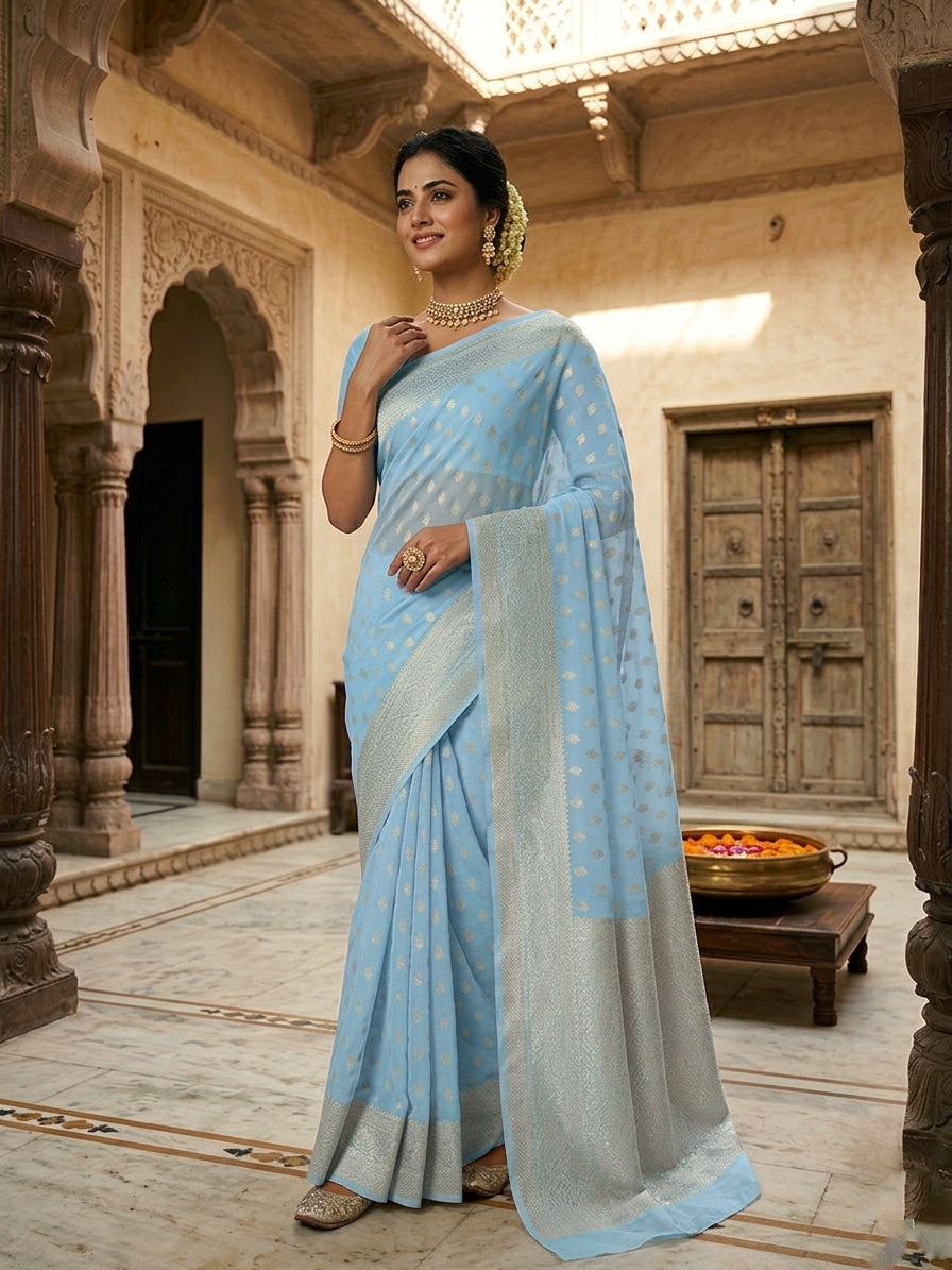 Sky Blue Georgette Silk Buti Banarasi Saree