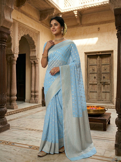 Sky Blue Georgette Silk Buti Banarasi Saree