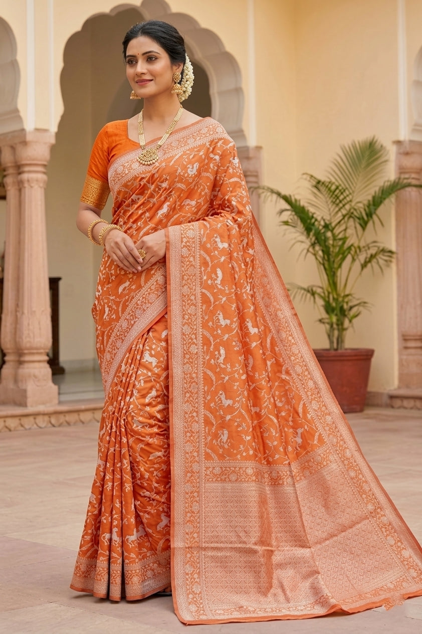 Orange Mashru Jaal Shikargah Banarasi Saree